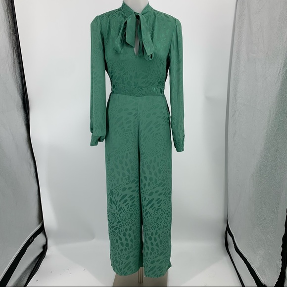TOPSHOP Tie Neck Jacquard Crop Green Jumpsuit - Picture 3 of 16